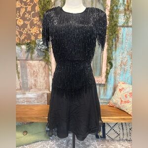 Vintage Laurence Kazar Black Beaded Fringe Silk Dress | Size M